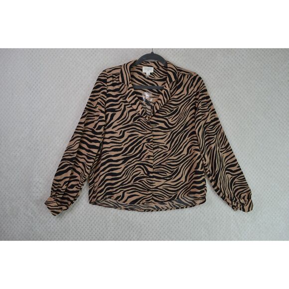 Everly Women's Small Tan Black Zebra Print Lightweight Long Sleeve Blouse - Picture 1 of 11